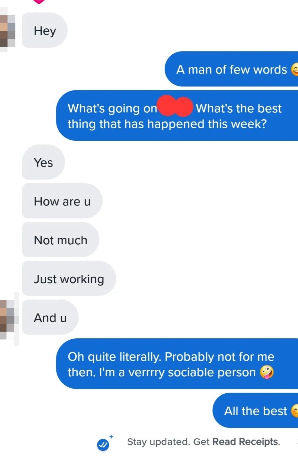 A text conversation discussing recent events and sociability, ending with a friendly farewell