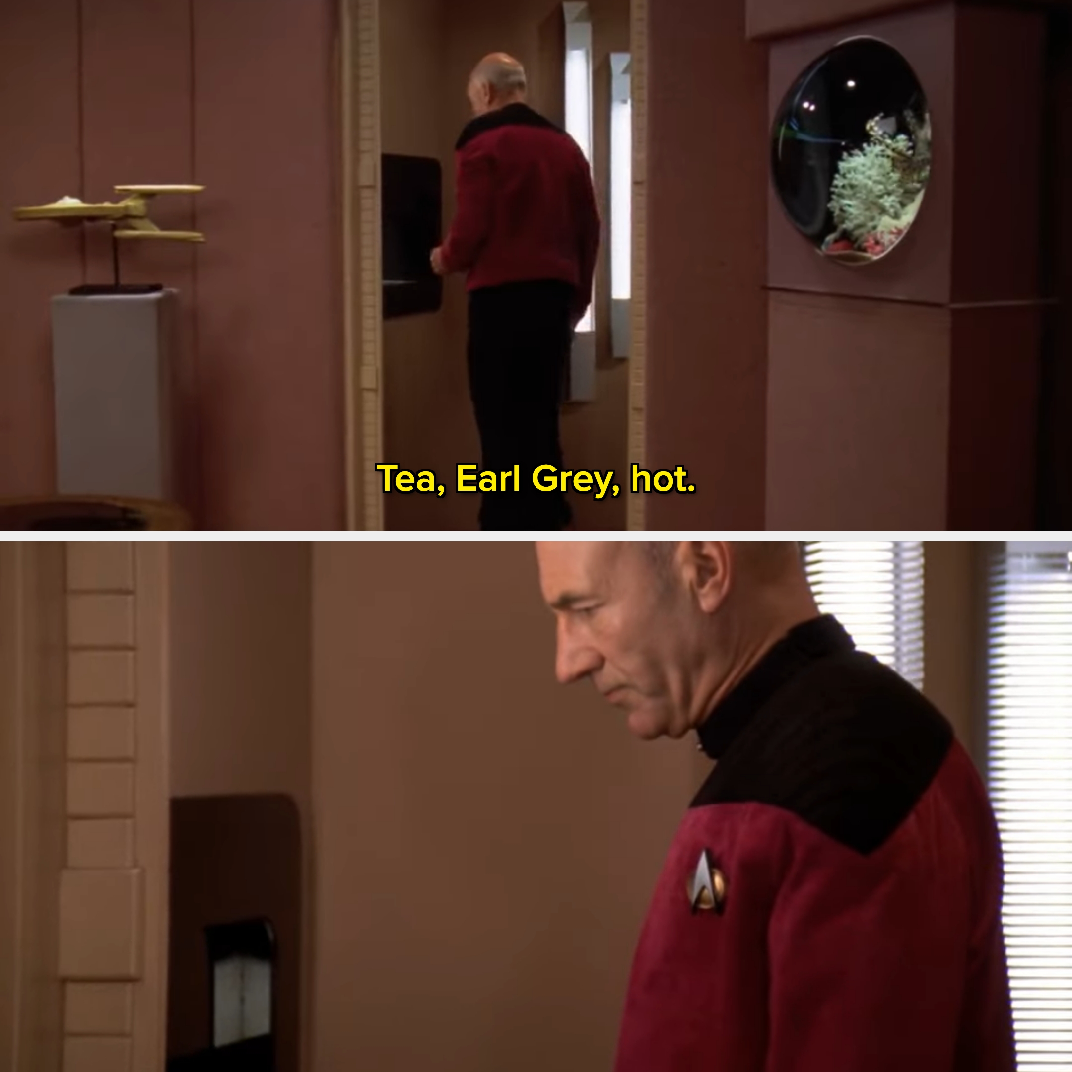 Man in a futuristic uniform commands a replicator for tea, saying, "Tea, Earl Grey, hot."