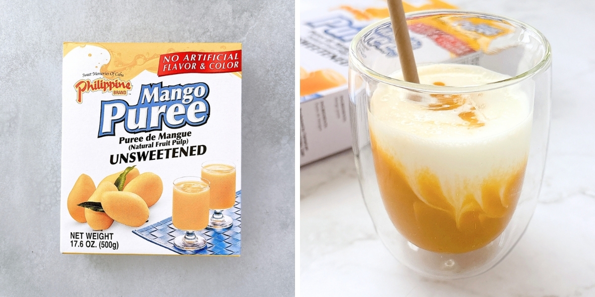 マンゴーのピューレ商品パッケージと透明カップに入ったピューレ飲料の画像。