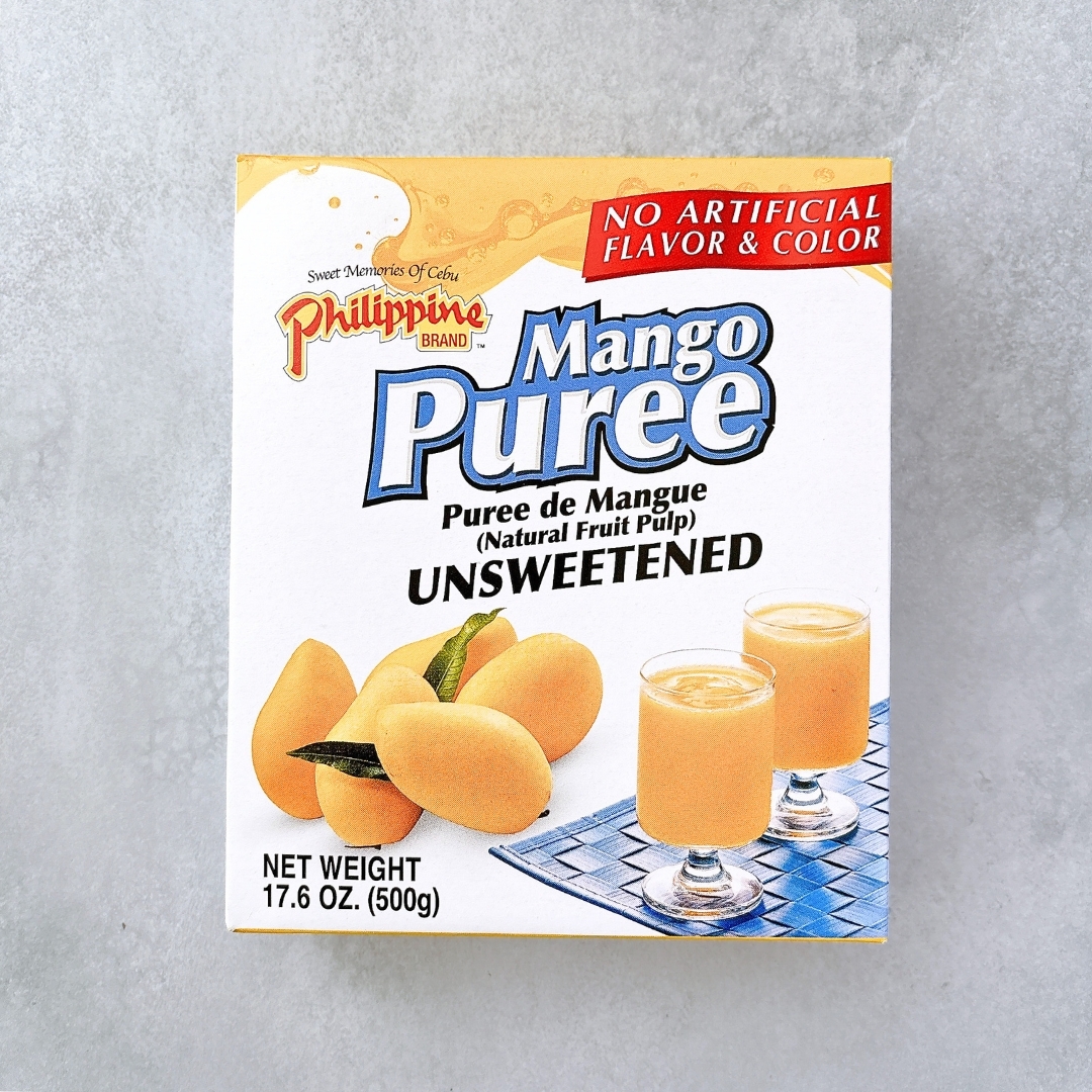 フィリピンブランドの無糖マンゴーピューレ500gパッケージ。人工香料・着色料不使用。