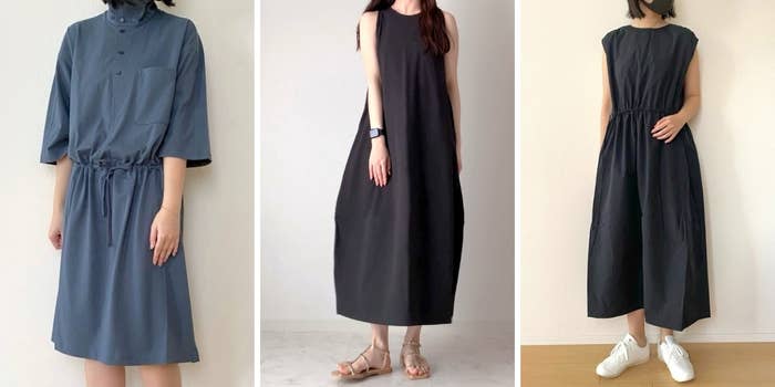 女性が3種の異なるデザインの黒いドレスを着用。1枚目はボタン付き七分袖、2枚目はノースリーブロング、3枚目はスポーティーなドレス。