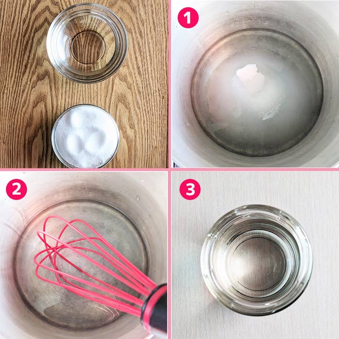 3ステップで砂糖と水をかき混ぜ、シロップを作る手順が示された4枚の画像です。