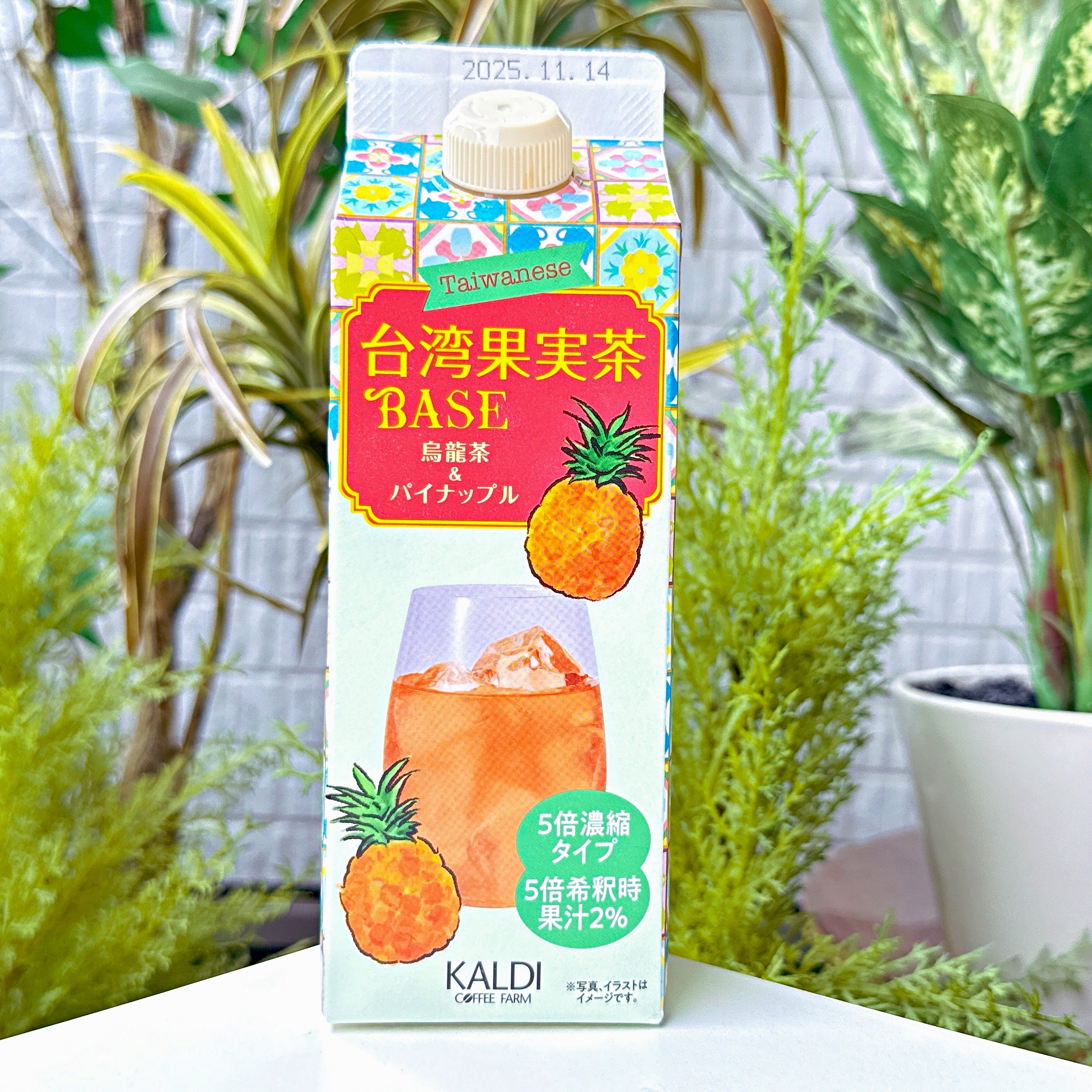 台湾の果実茶パイナップル味の紙パック飲料が植物の前に置かれている。発売日2025年11月14日。