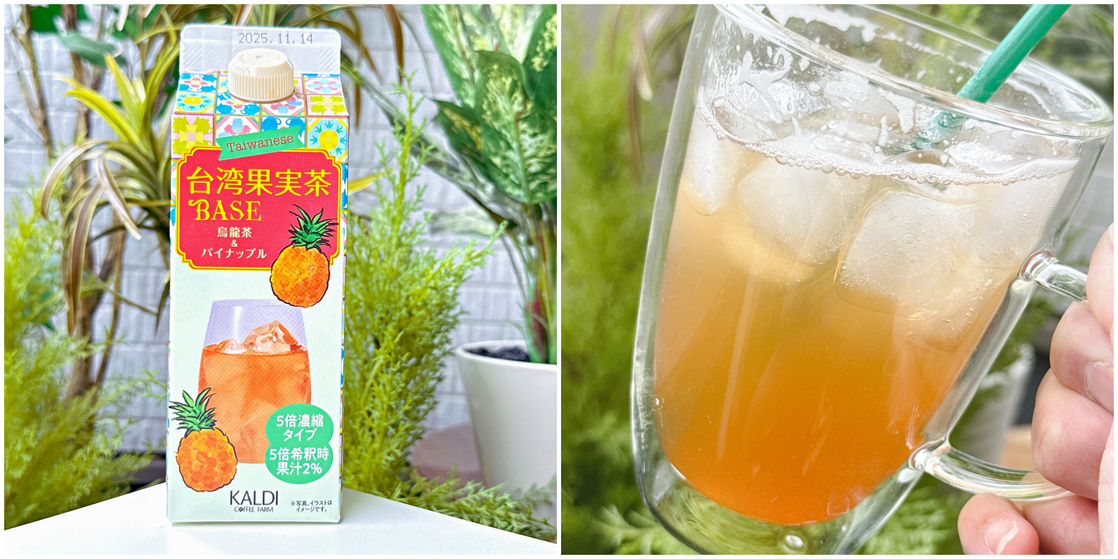 ガラスに注がれた台湾産パイナップルジュースの紙パックとアイス飲料の写真。背景に観葉植物がある。