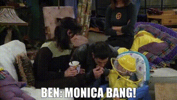 Group of people on a couch with a baby in a stroller. Text overlay reads: "Ben: Monica Bang!"