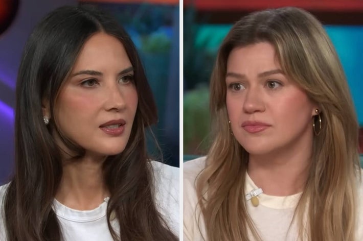Split image of Olivia Munn and Kelly Clarkson speaking on a talk show
