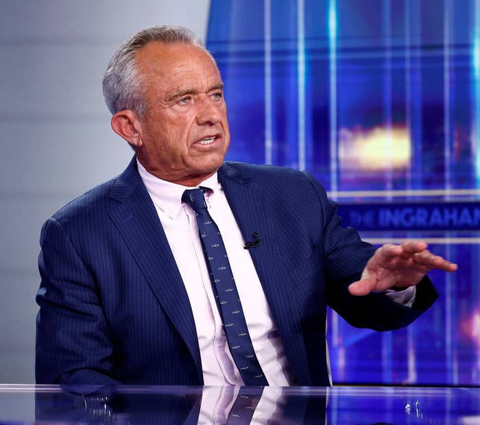 Robert F. Kennedy Jr. gesturing while speaking on a TV news show set