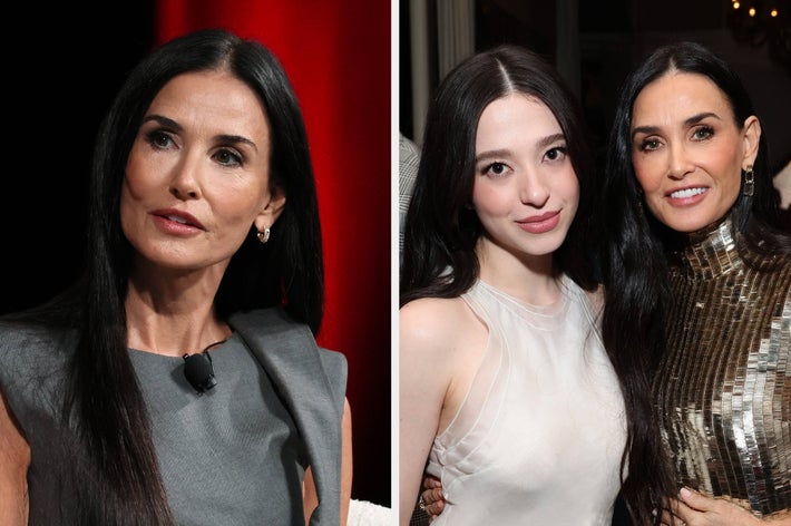 Two women side by side: Left image shows a woman in a gray dress; right image shows her in a sequined dress with another woman in a sleeveless top