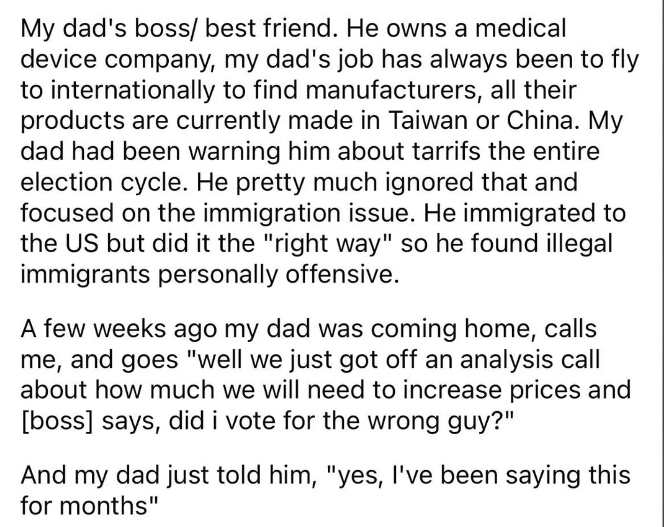 Text about a business owner ignoring tariff warnings, facing price increases, and questioning past voting decisions
