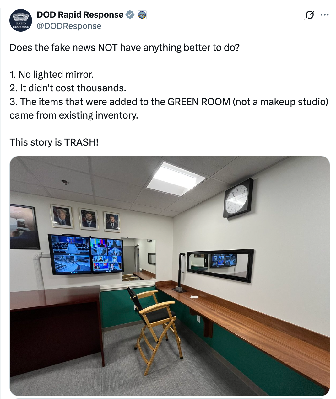 Summary of a tweet from DOD Rapid Response refuting fake news claims about a green room and its cost, stating it reused existing inventory