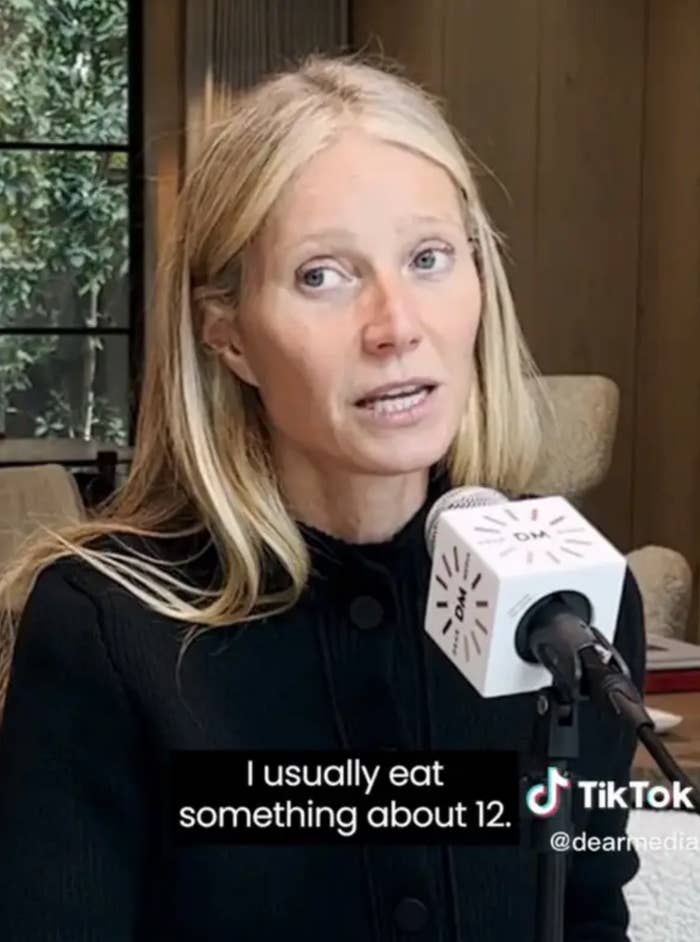 A person is speaking into a microphone indoors, discussing their eating habits. Text on image: