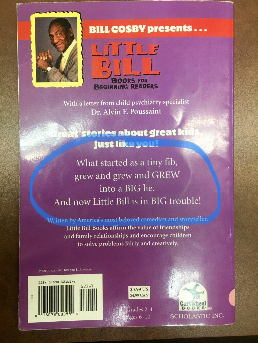 Back cover of a Bill Cosby book titled "Little Bill," featuring a thumbnail image of a Cosby. Text describes how a small fib grows into a big lie