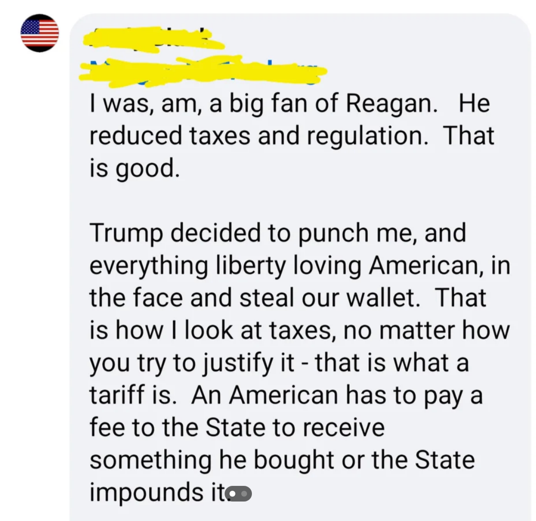 Text screenshot expressing support for Reagan's tax policies and criticism of tariffs under Trump as stealing from Americans