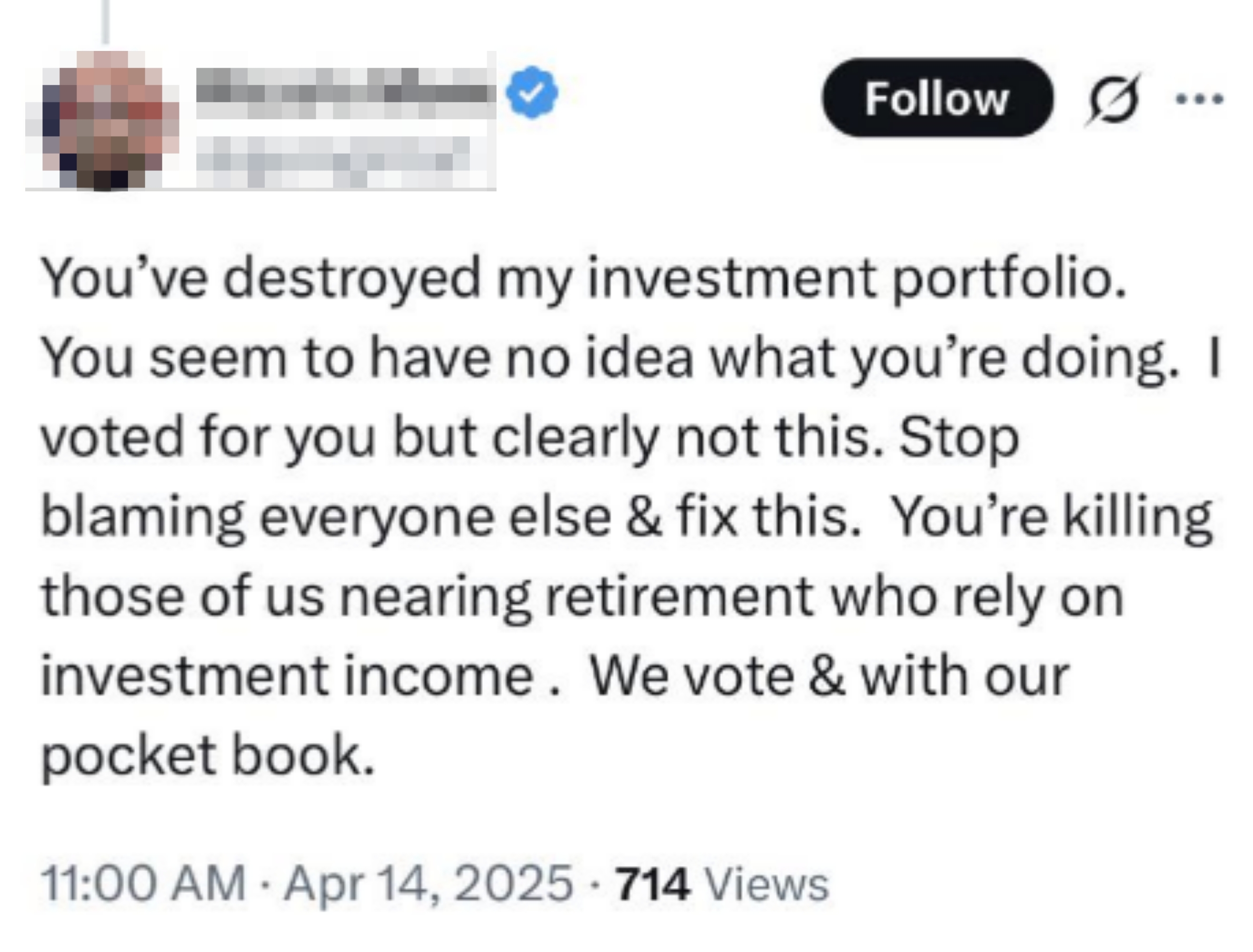 Tweet from @gemgirl1 criticizing an investment manager for poor handling of portfolios, emphasizing the impact on retirees dependent on investments