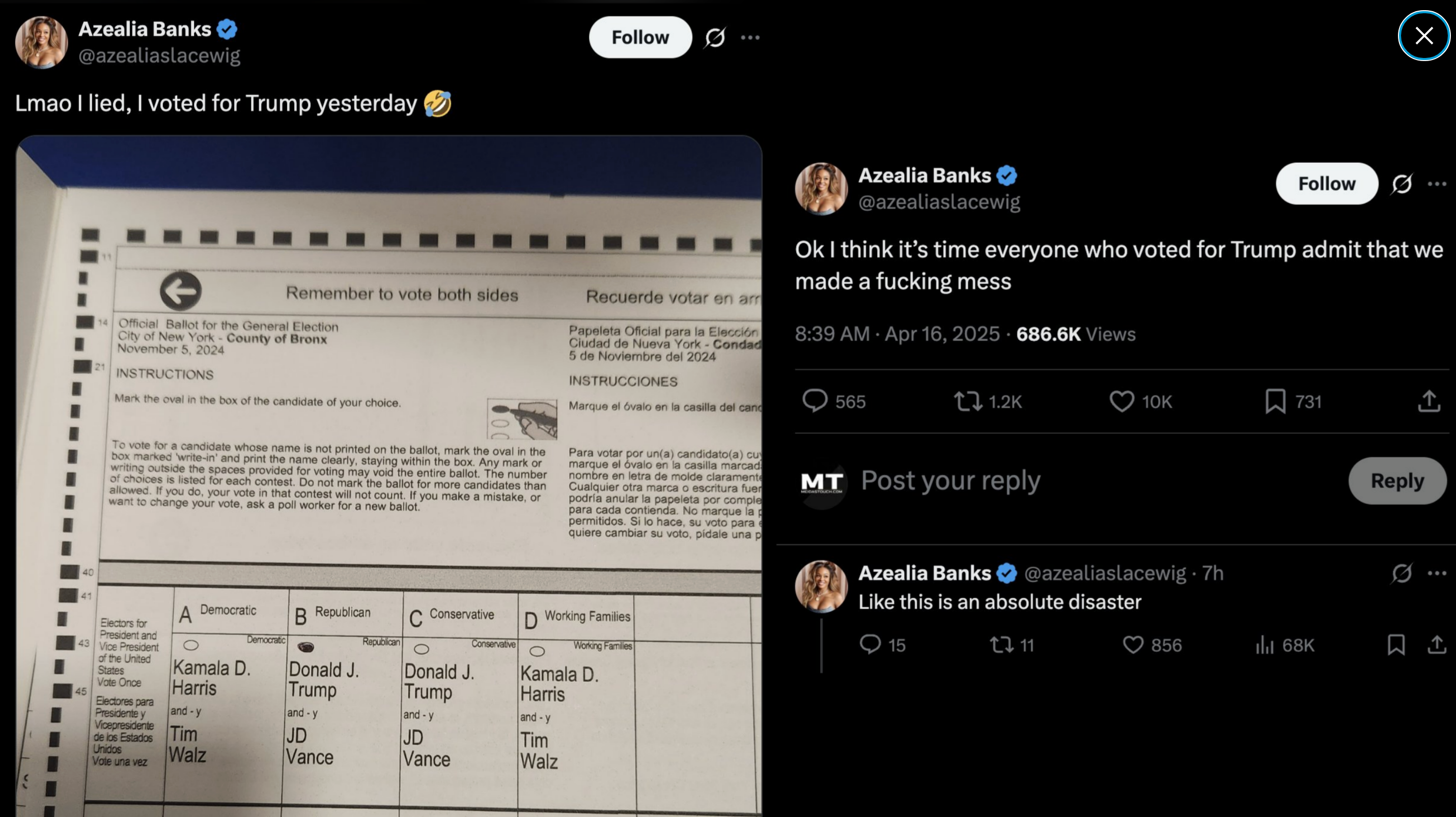 An alleged ballot shows a vote for Trump with tweets by Azealia Banks admitting regret for supporting him, calling it a disaster