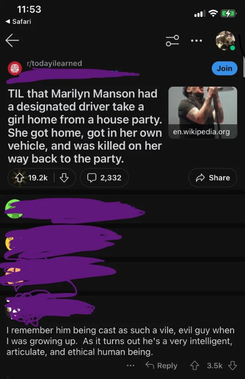 Reddit post about Manson getting a designated driver for a party guest and a comment calling him intelligent, articulate, and ethical