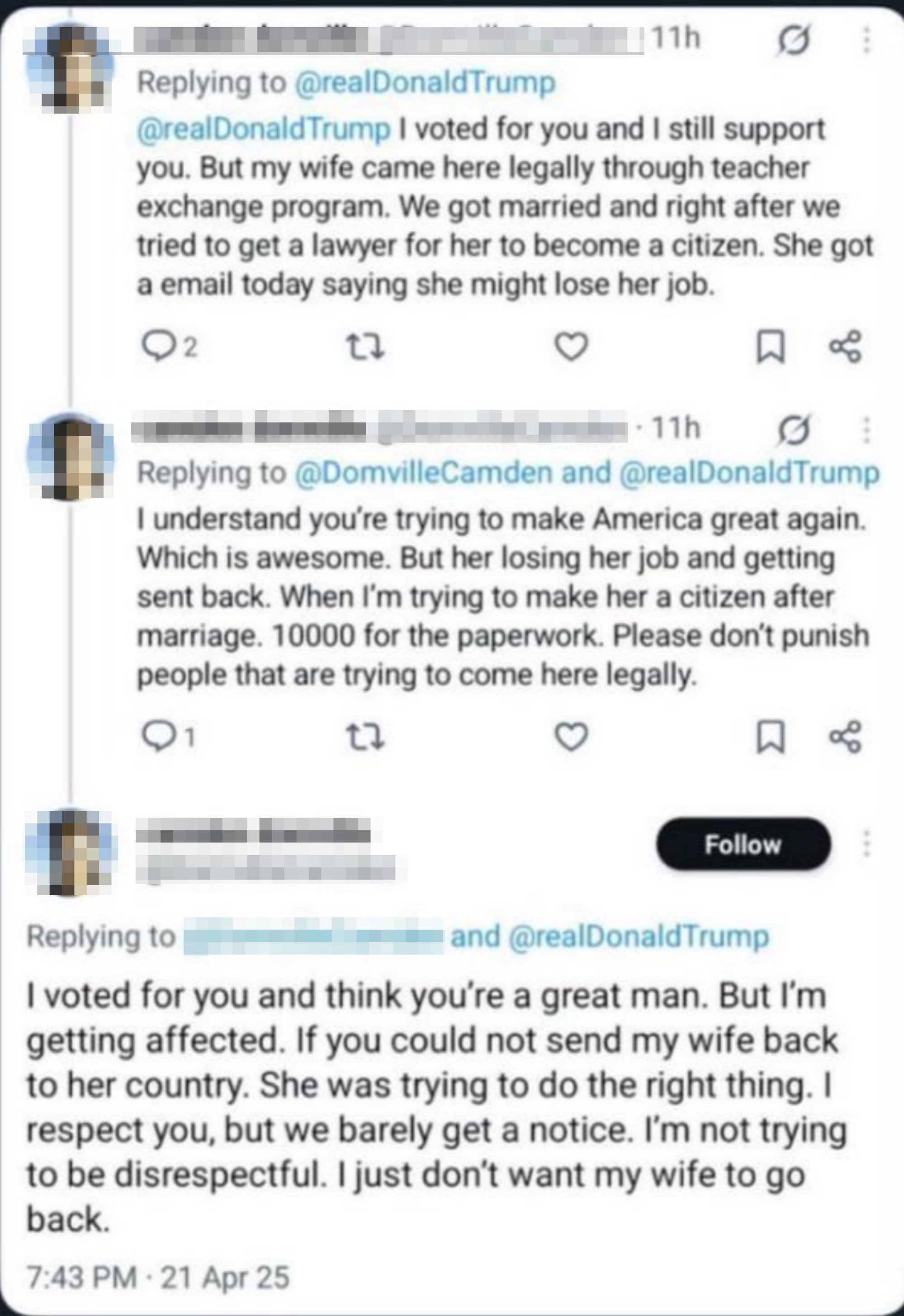 Comments on immigration issues, detailing a woman facing visa challenges post-marriage and interactions with political figures seeking assistance