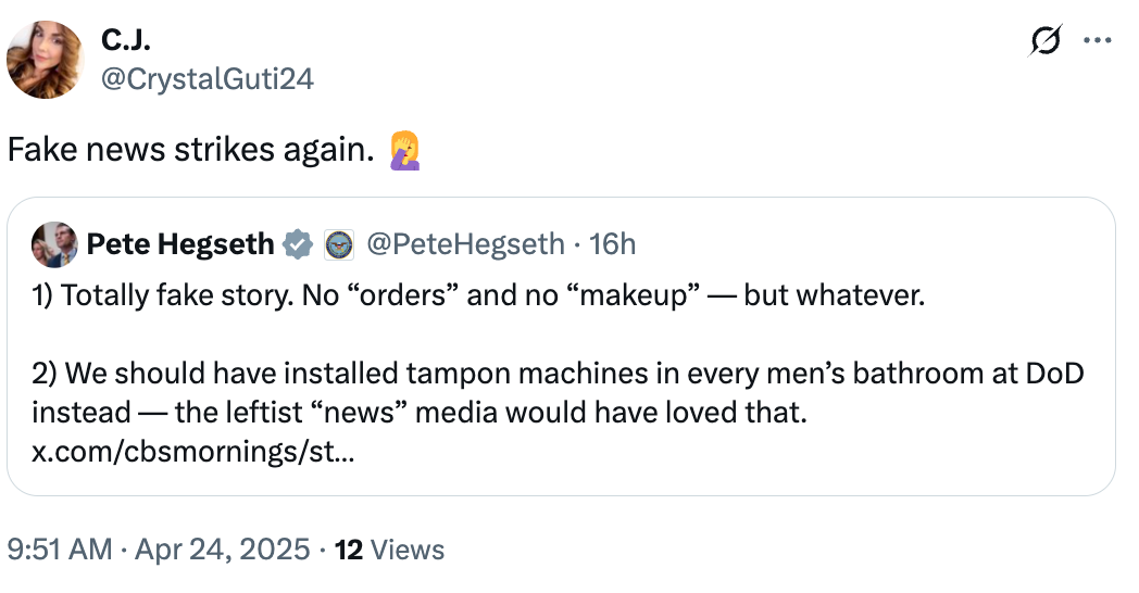 Tweet mocking a post claiming fake news about military bathrooms requiring tampon machines, shared by a user with skepticism
