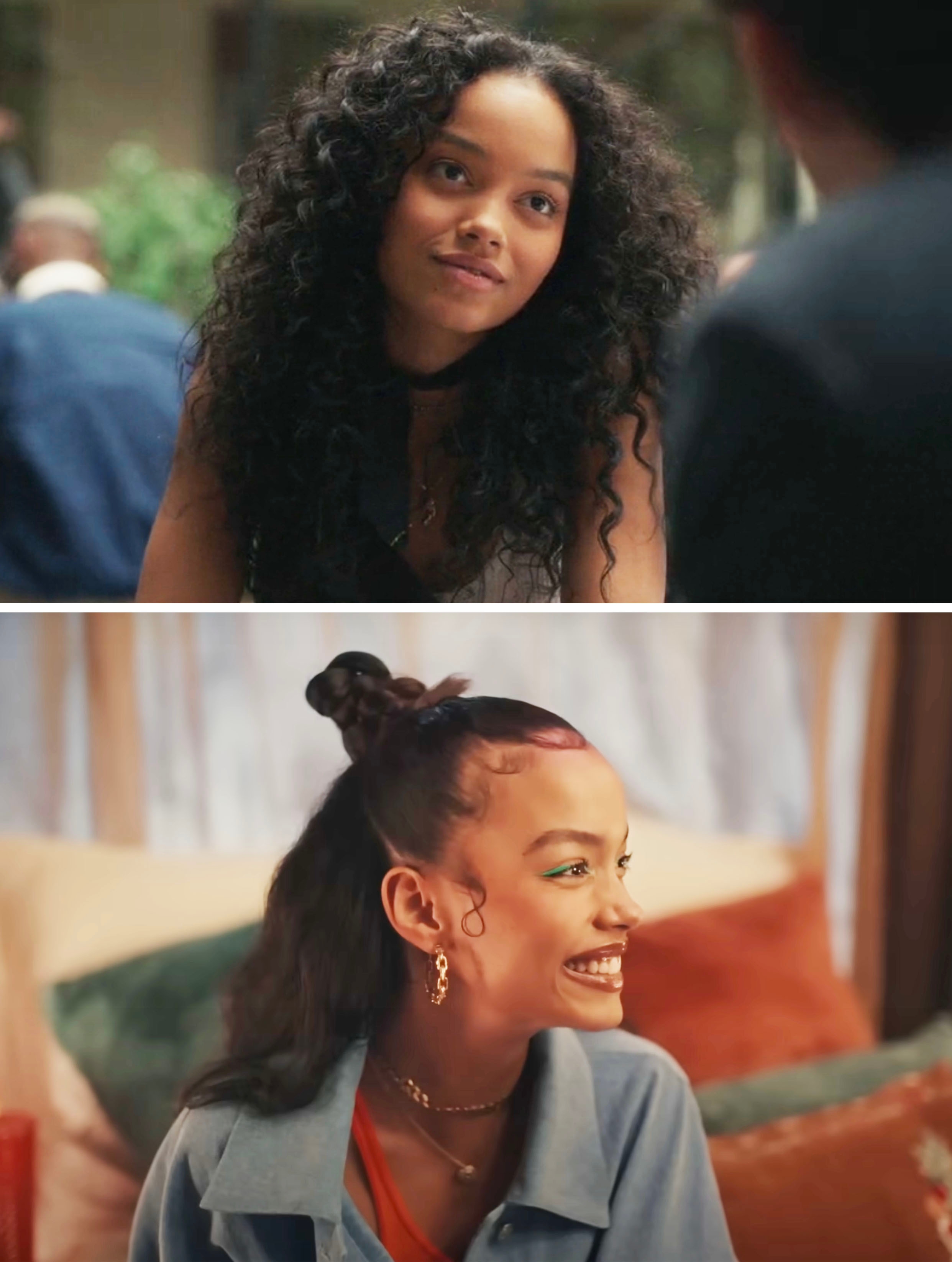 Whitney in a scene from Gossip Girl vs. Whitney smiling in a Sabrina Carpenter music video