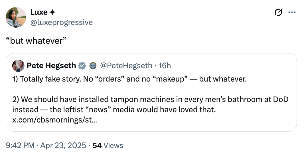 Screenshot of a tweet by Pete Hegseth calling a story fake and suggesting installing tampon machines in men's DoD bathrooms