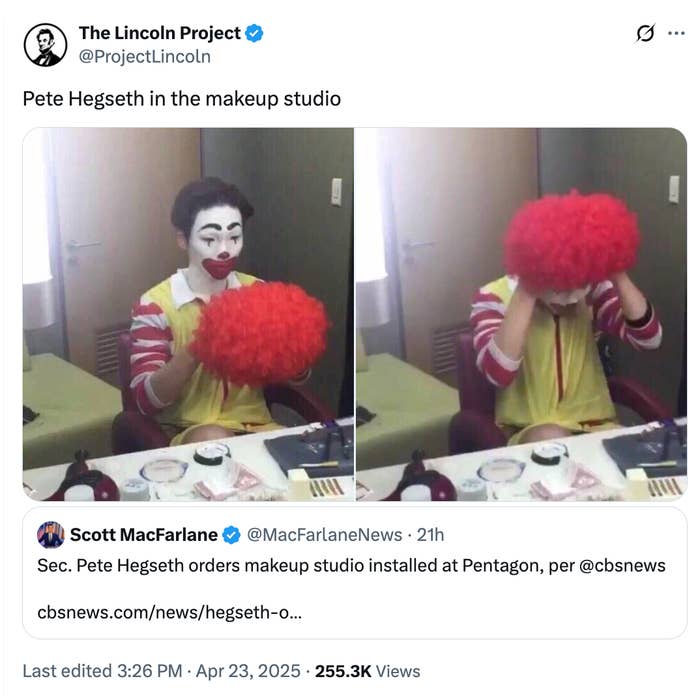Two-panel meme with person dressing as a clown. Captions suggest someone behaves foolishly. Tweet references makeup studio installation