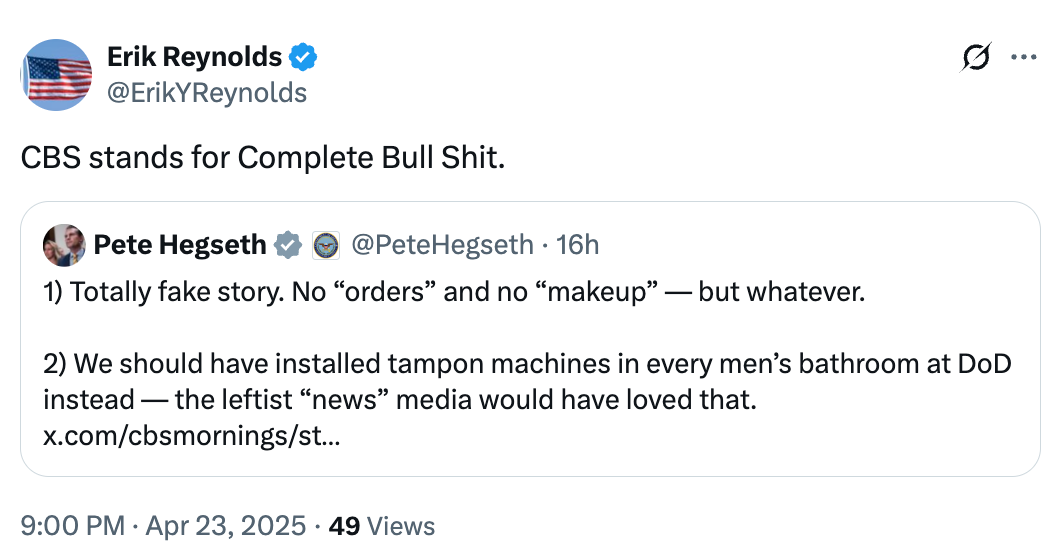 Tweet criticizing CBS as "fake story" includes a sarcastic comment about media bias and tampon machines in men's bathrooms