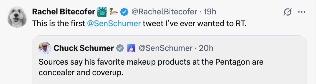 Tweet by @RachelBitecofer reacting to @SenSchumer's joke about makeup products at the Pentagon being "concealer and coverup."