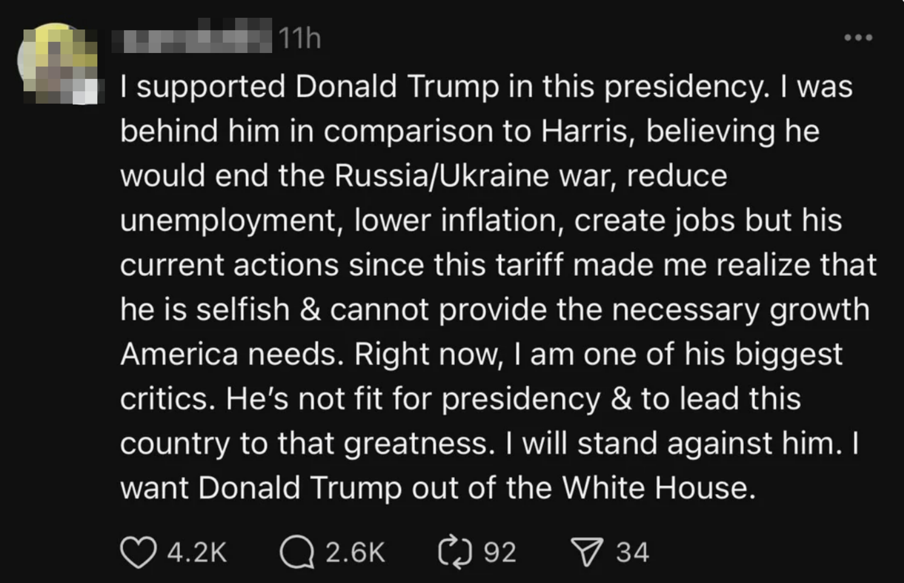 A person's social media post criticizing Donald Trump's presidency and expressing regret for previous support, highlighting economic concerns and leadership issues