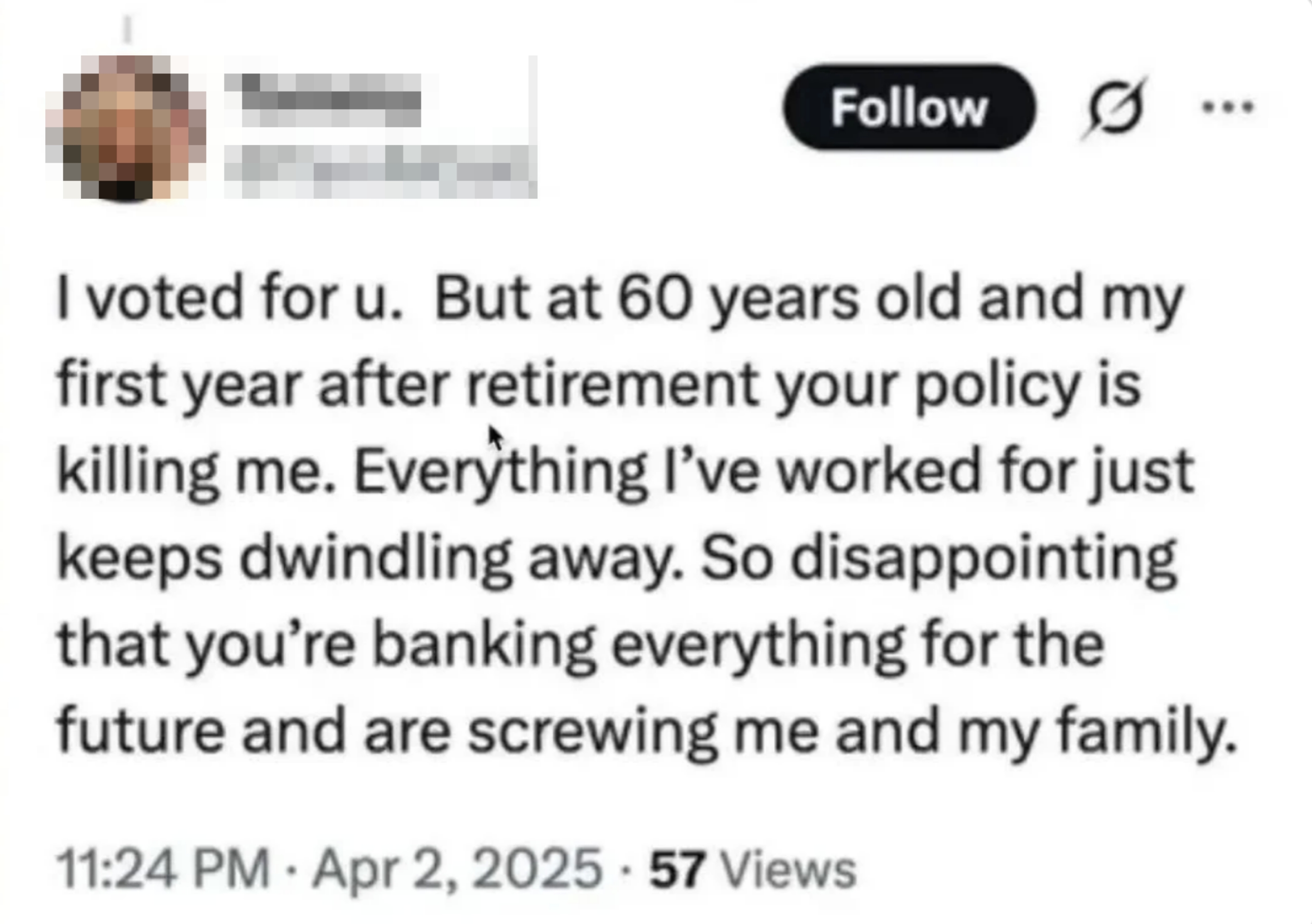 Tweet from Tammy expressing disappointment with a policy affecting her retirement savings, dated April 2, 2025, with 57 views