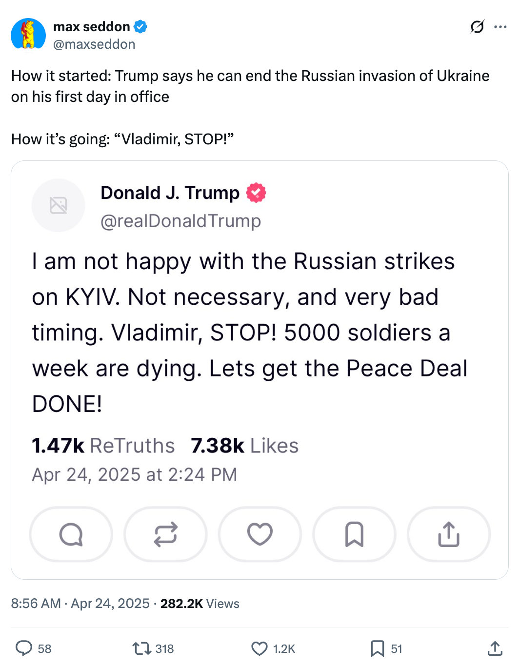 Tweet parody showing &quot;How it started&quot; with Trump claiming to end the Russian invasion. &quot;How it's going&quot; shows a mock tweet urging Putin to stop attacks