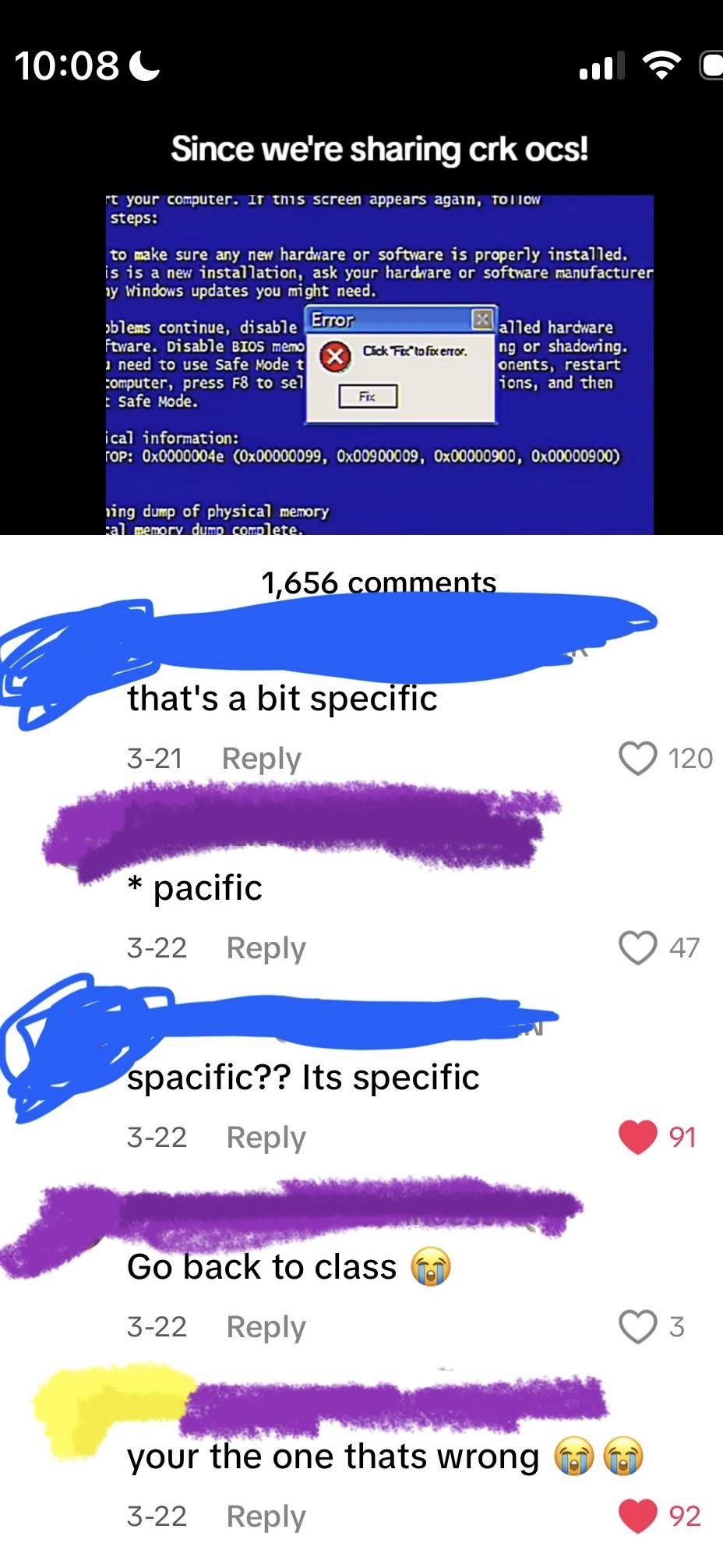 Image of a social media comment thread humorously correcting spelling errors