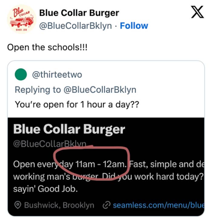 Twitter exchange about Blue Collar Burger's operating hours. User questions its one-hour operation