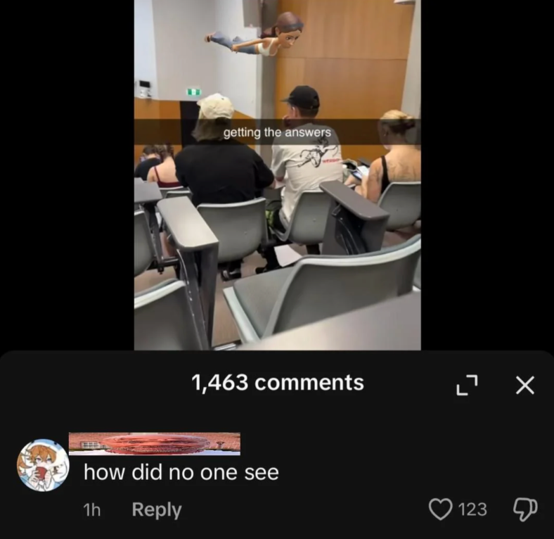 A cartoon character flies over a classroom, appearing to cheat on a test. A comment below asks how no one noticed