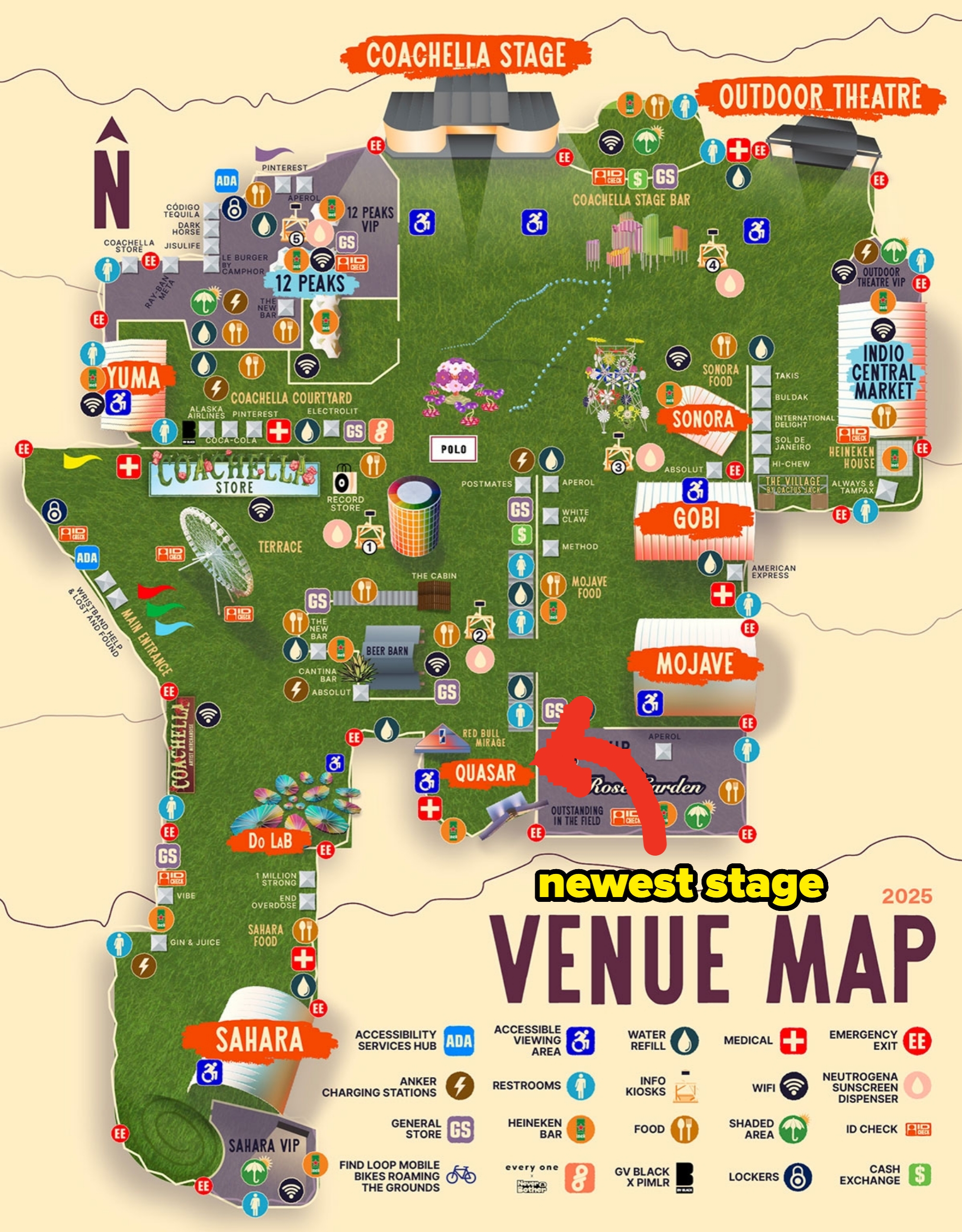 Map of a music festival venue in 2025, showing stages, food, restrooms, emergency areas, and other key locations across the site
