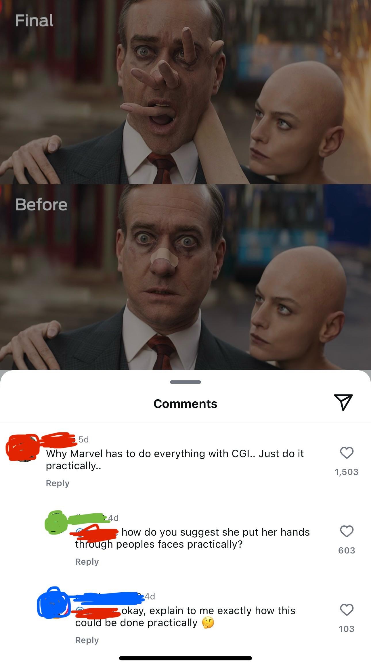 Two images showing a movie scene. First: hands through actor's face, no CGI. Second: actor with hands beside face. Comments joke about CGI