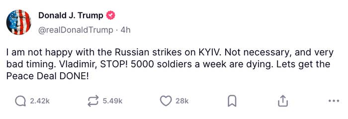 Tweet by Donald J. Trump urging Vladimir to stop Russian strikes on Kyiv, mentioning 5000 soldiers dying weekly, and calling for a peace deal