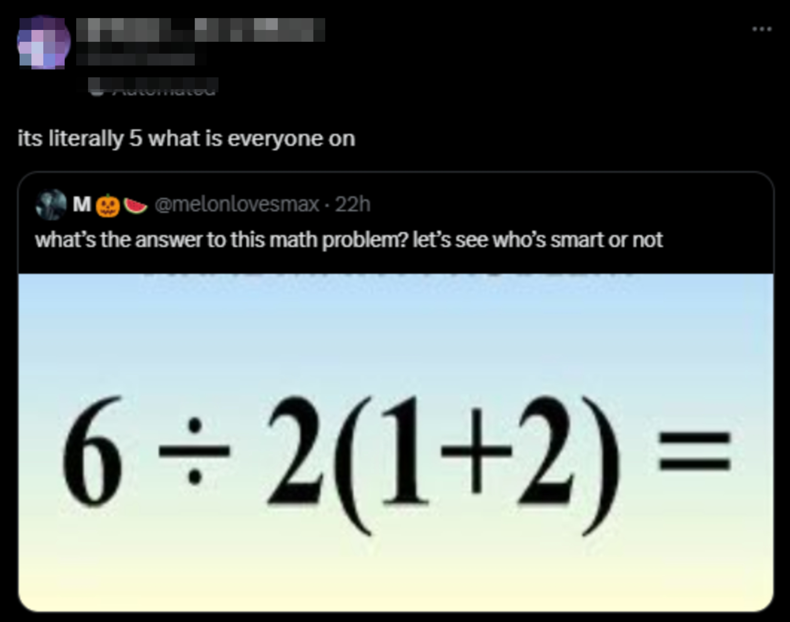 Screenshot of a tweet with a math problem: 6 ÷ 2(1+2)