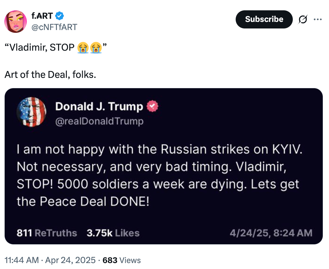Tweet from a parody account impersonating Donald Trump, expressing frustration over Russian strikes, urging a peace deal