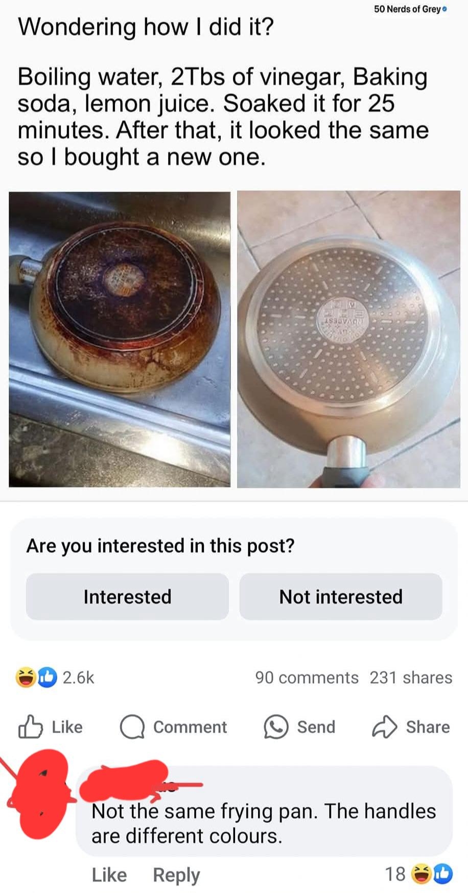 A post jokes about a failed frying pan cleaning attempt, with a comment pointing out the pans are different due to mismatched handles