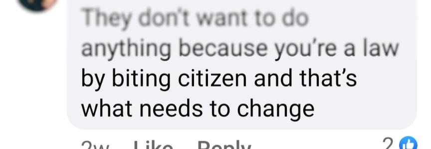 Comment screenshot: "They don’t want to do anything because you’re a law-biting citizen and that’s what needs to change."