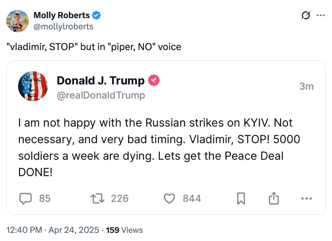 Tweet jokingly references a post by Donald Trump expressing discontent with Russian strikes on Kyiv, urging Vladimir to stop and complete a peace deal