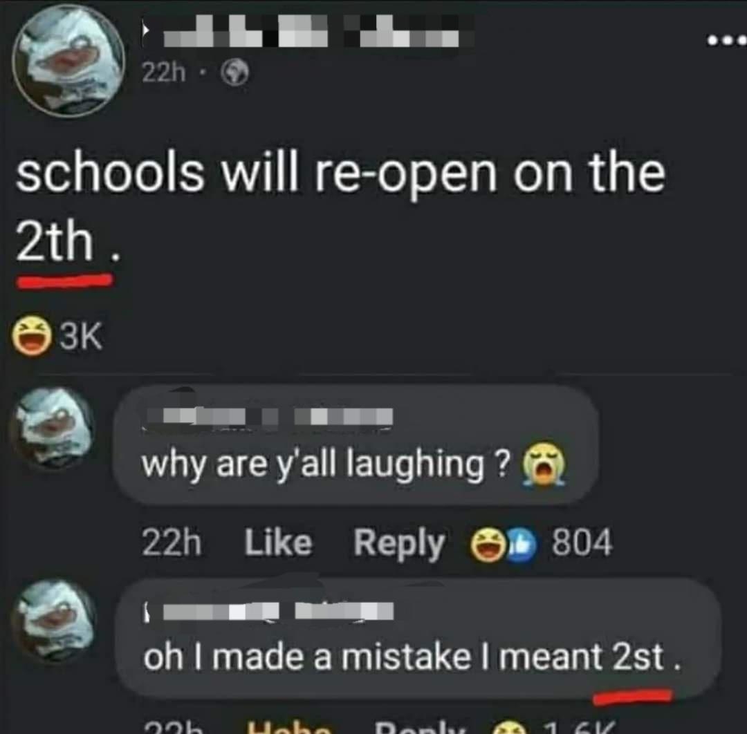 Social media post showing a typo stating "schools will re-open on the 2th." Comment replies joke about the error