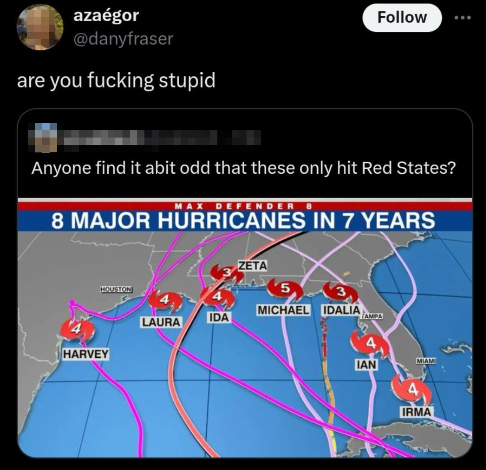 Tweet questioning if it's odd that 8 major hurricanes in 7 years only hit Red States, displaying a map showing hurricane paths