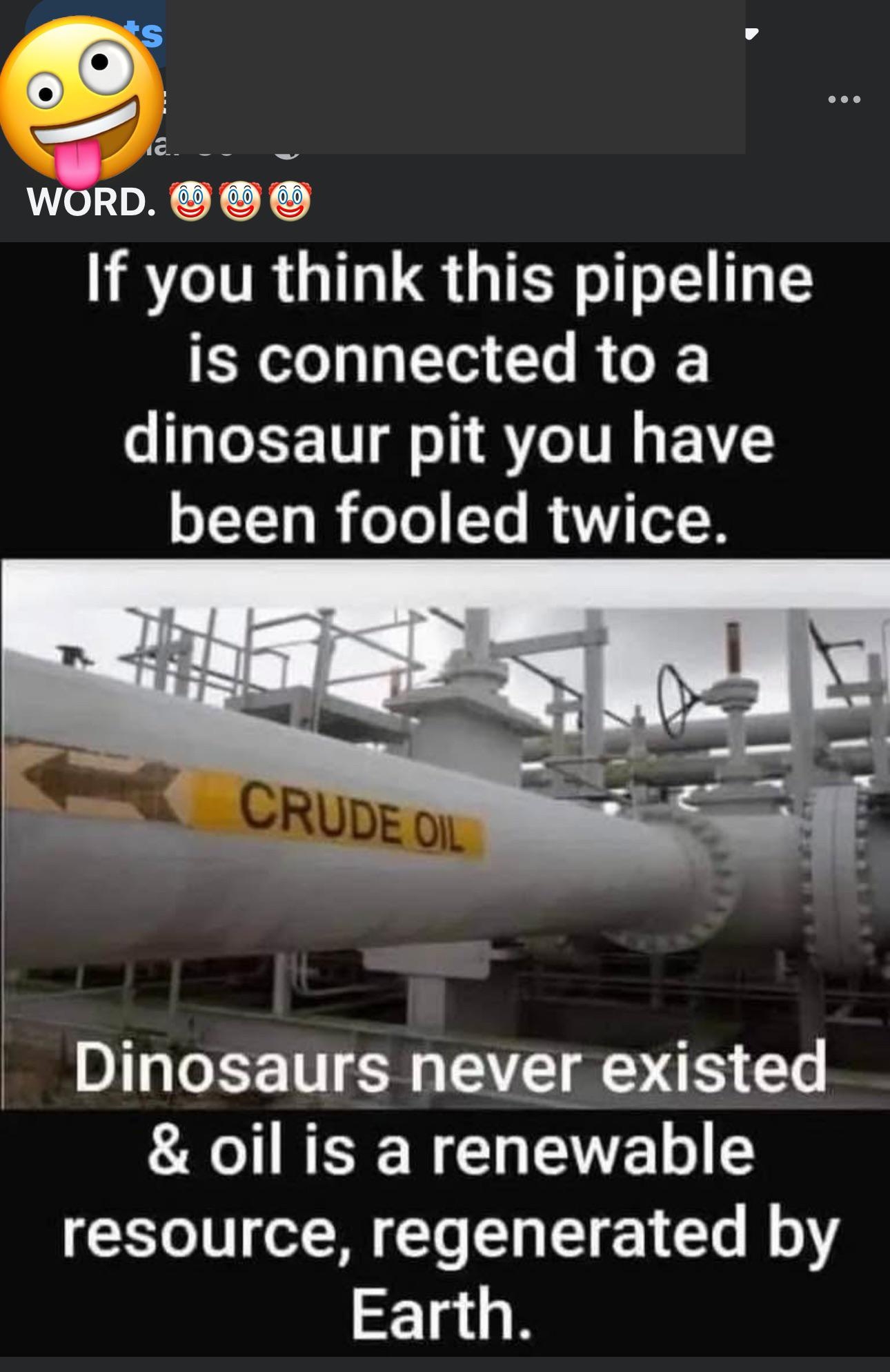 Image with text stating: "If you think this pipeline is connected to a dinosaur pit you have been fooled twice. Dinosaurs never existed & oil is renewable."