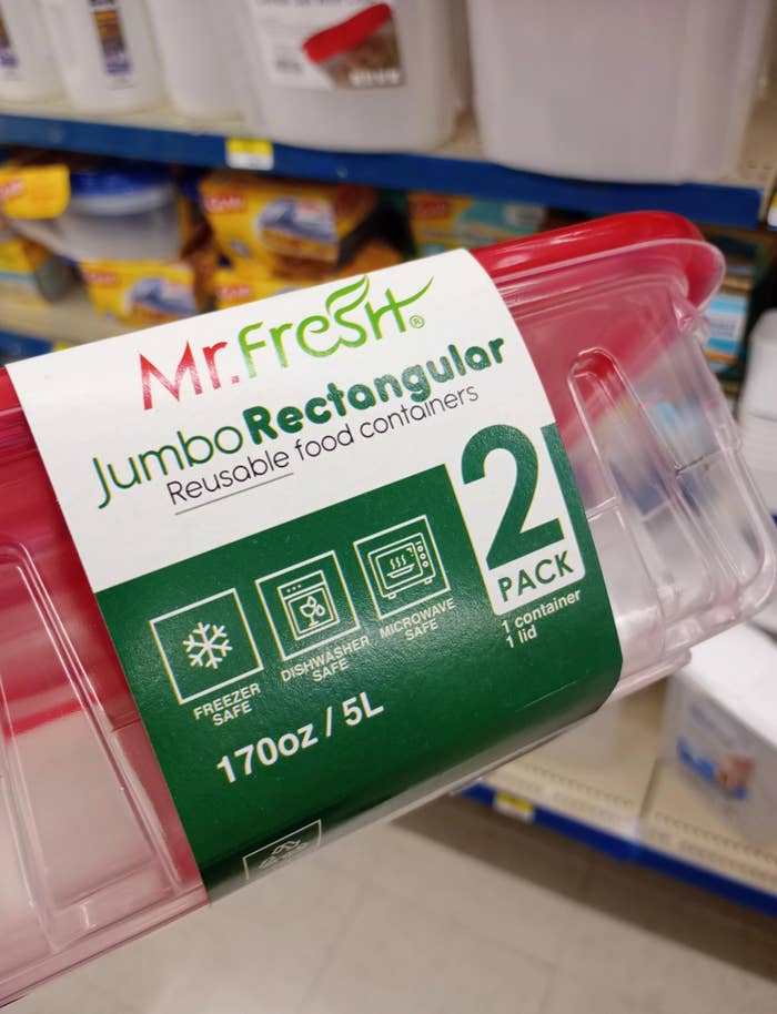 Reusable food container packaging labeled "Mr. Fresh Jumbo Rectangular," features freezer, dishwasher, microwave safety symbols; 2 pack includes 1 lid