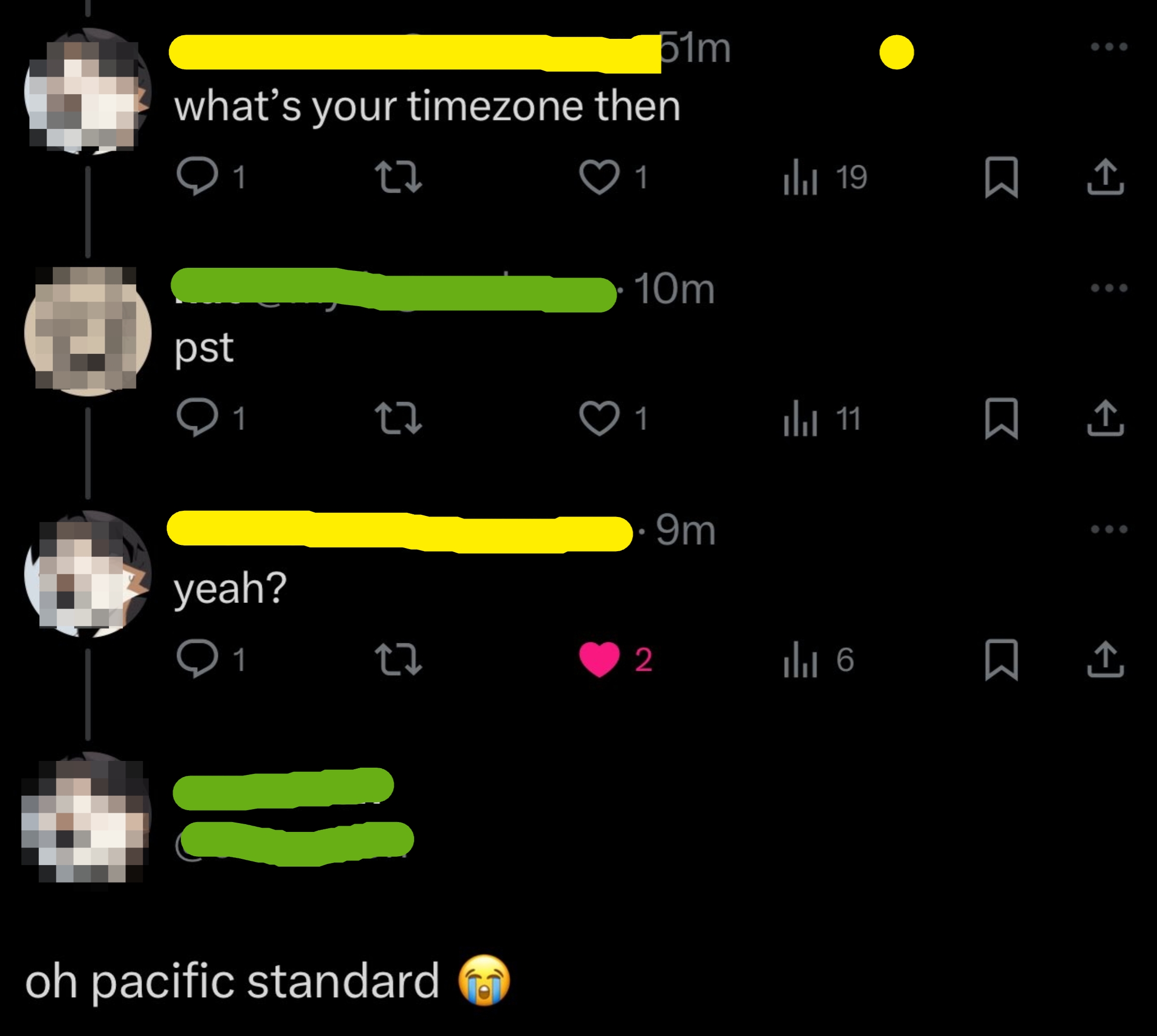 Twitter thread: User asks for a timezone, response is "pst." User confirms understanding, then clarifies they meant "pacific standard" with a crying emoji