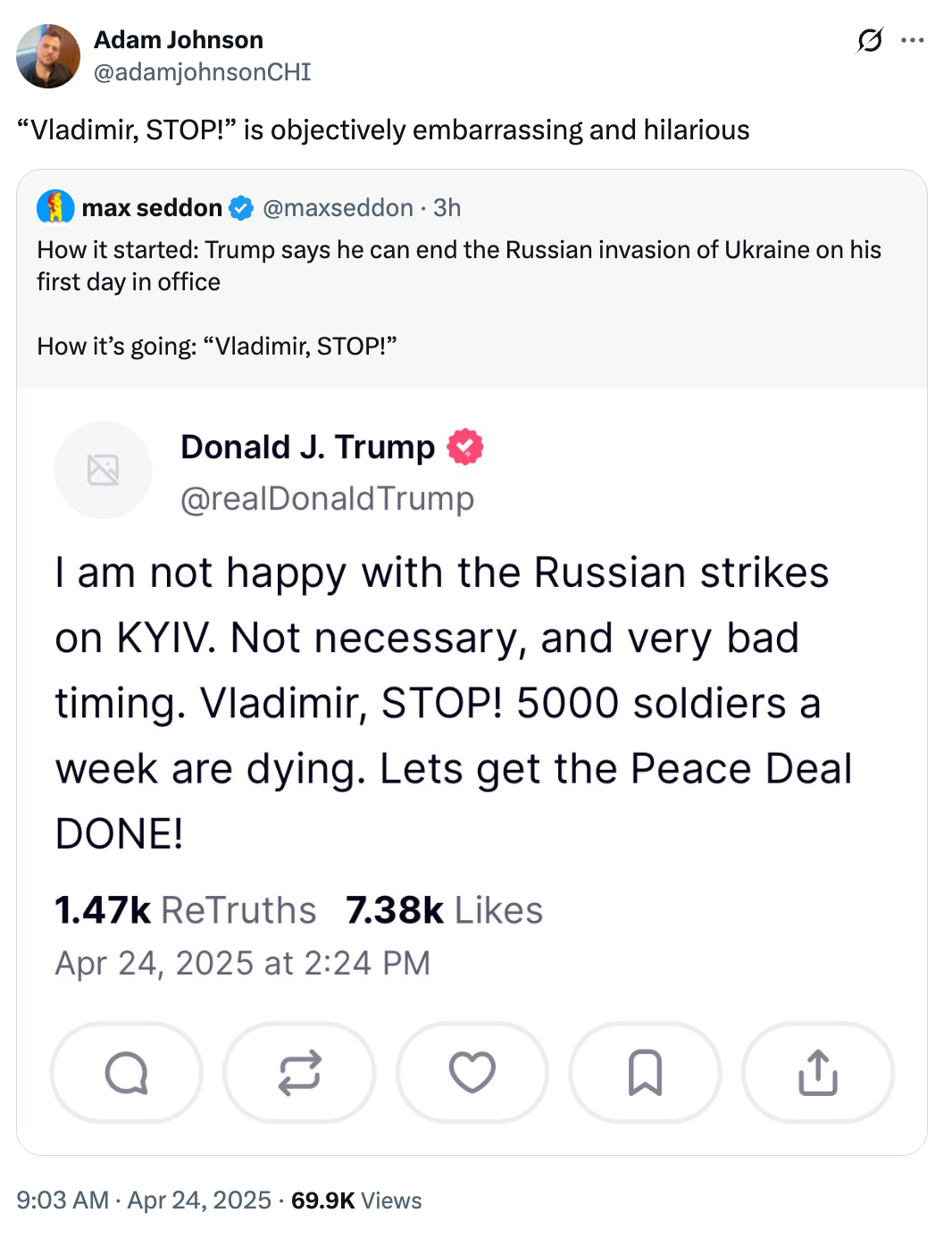 Tweet screenshot showing a Trump tweet criticizing Russian strikes on Kyiv and urging for peace, with context from two other Twitter users