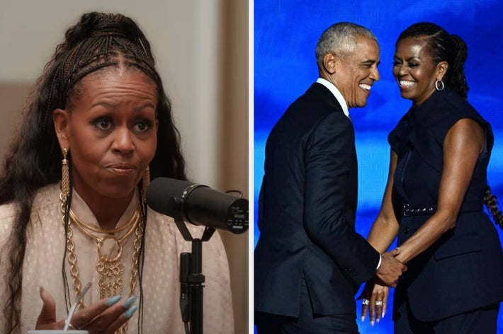 Two-panel image: Left, a woman speaks into a microphone with a thoughtful expression. Right, a couple shares a joyful moment on stage