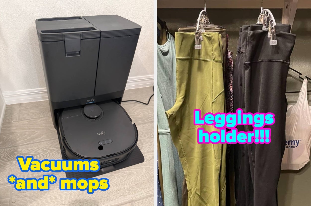 Robot vacuum cleaner with mop feature on the left; closet with leggings hung on hangers on the right. Text reads: "Vacuums *and* mops" and "Leggings holder!!!"