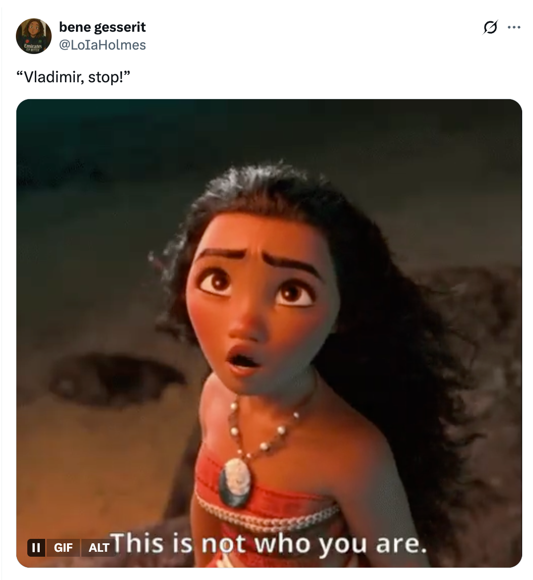 Animated character with worried expression says, &quot;This is not who you are,&quot; in a scene from a movie. Caption reads, &quot;Vladimir, stop!&quot;